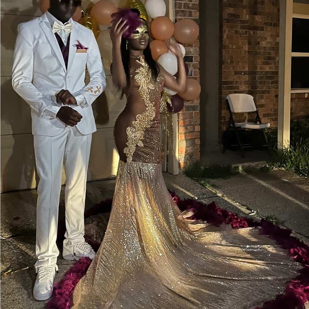 Gold Sequin Embellished Sleeveless Prom Gown